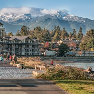 Resort overlooking the water and mountains in Parksville Qualicum Beach