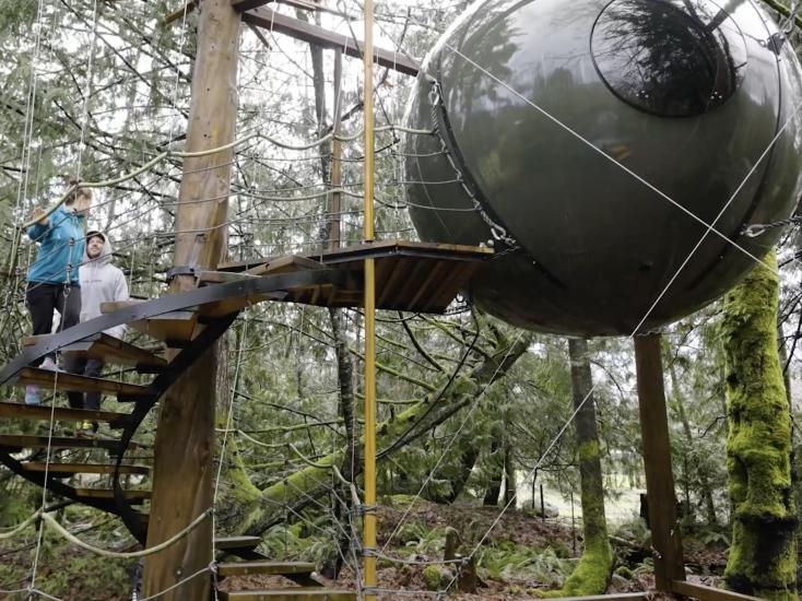 a couple climbs the stairs to a gray spherical tree house at Free Spirit Spheres in Parksville Qualicum Beach