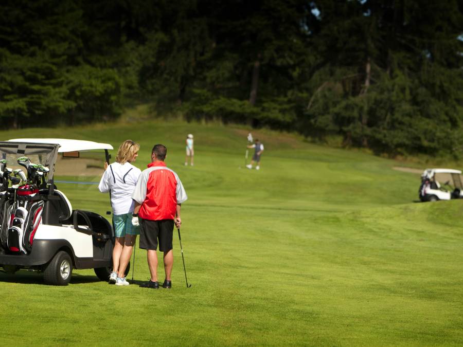 A pair of golfers stand beside their golf cart on the fairway at Fairwinds Golf Club.