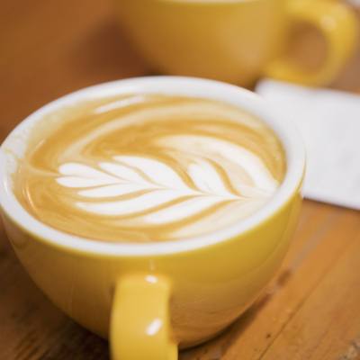 A latte at French Press Coffee Roasters in Parksville Qualicum Beach, Vancouver Island.