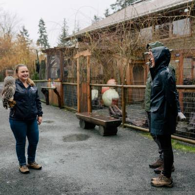 An employee at North Island Wildlife Recovery Centre holds an owl as two people look on.