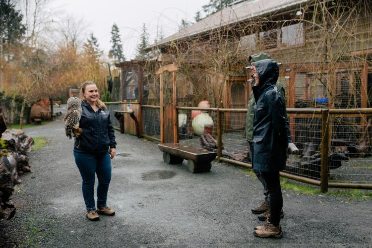 An employee at North Island Wildlife Recovery Centre holds an owl as two people look on.