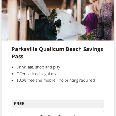 Graphic for the Parksville Qualicum Beach Savings Pass with an image of children with a cow and details about the Pass