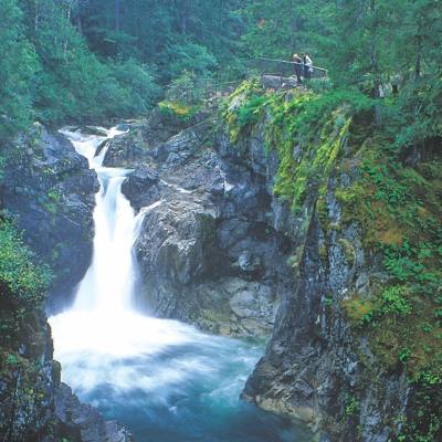 Landscape scenery of waterfall cascading in Little Qualicum Falls Provincial Park in Parksville Qualicum Beach BC Canada