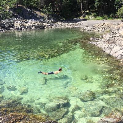 A person swimming in the crystal clear waters of Brickyard Community Park.