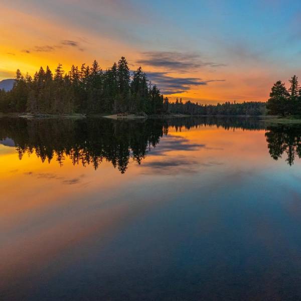 Trees line the horizon while the waters of Spider Lake Provincial Park reflect the sunset near Parksville Qualicum Beach BC