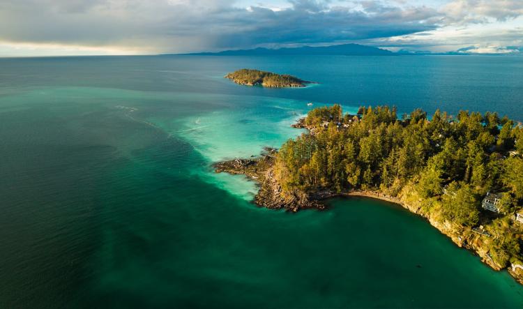 Aerial photo of a herring spawn in Nanoose Bay, BC