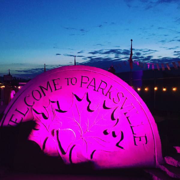A sculpture of a leaf with the text, "Welcome to Parksville," carved into the sand, lit up with a pink spotlight at night.