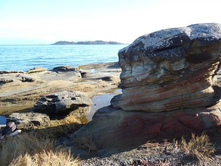 A Madrona Point boulder in Parksville Qualicum Beach, Vancouver Island.