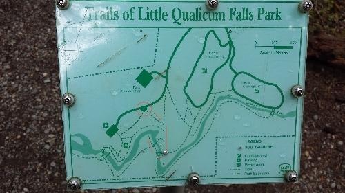 Map of the trails at Little Qualicum Falls Provincial Park with the accessible hiking trail marked in red
