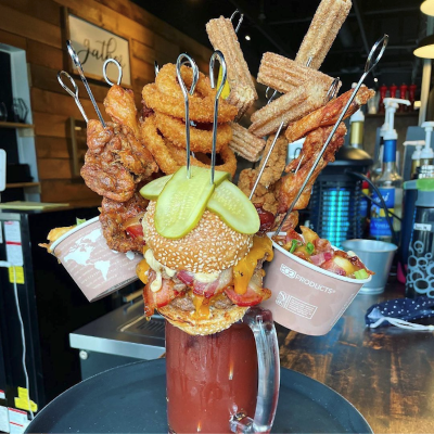 Extreme Eatery's Extreme Caesar, a cocktail with a complete meal on top, in Parksville - Image: @extremeeatery