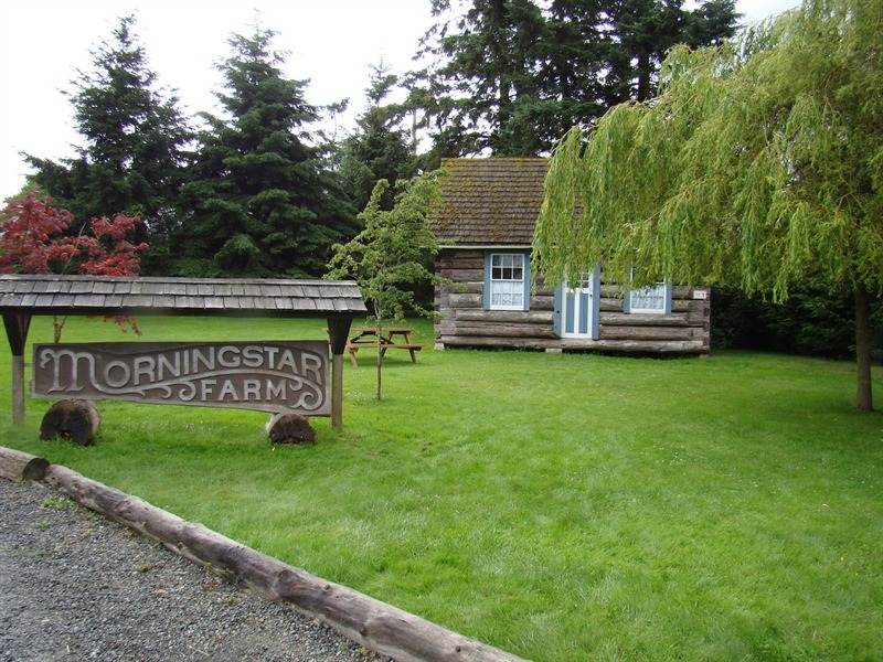 The Morningstar Farms sign, placed near a small cottage and nearby pine trees.