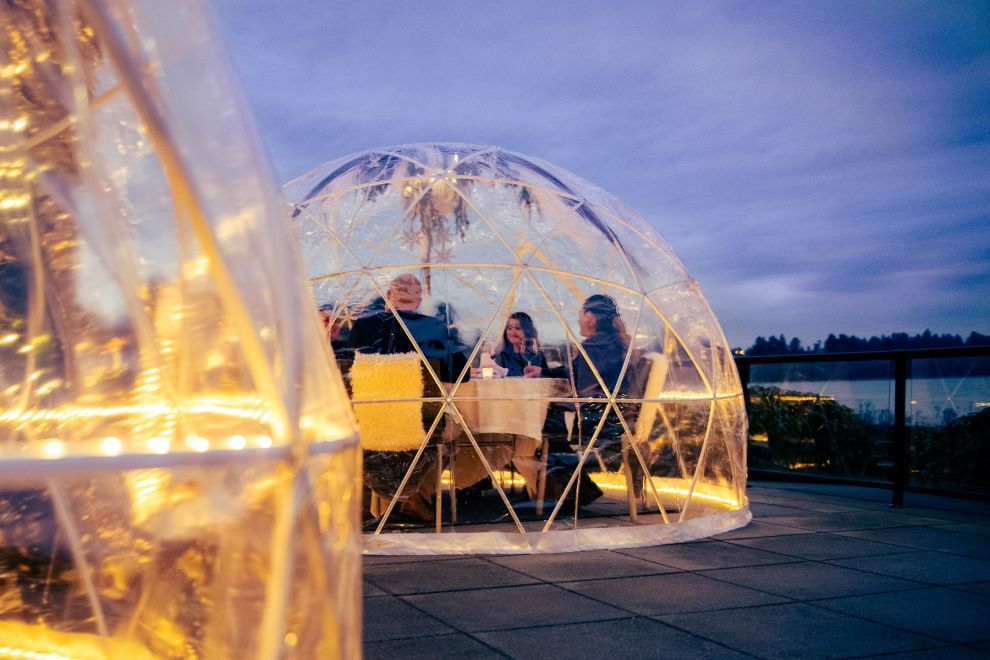 Beach Club Resort Vancouver Island Dining Domes lit up for the evening