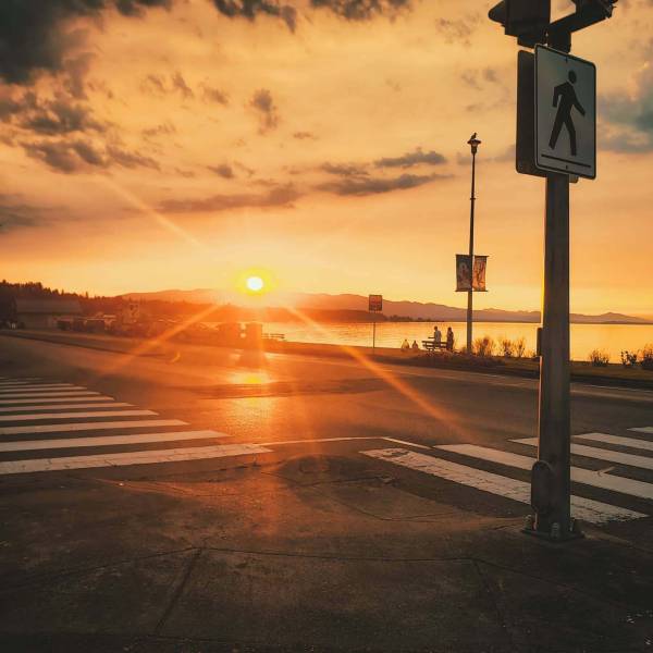Sunset at the crosswalks at Qualicum Beach waterfront
