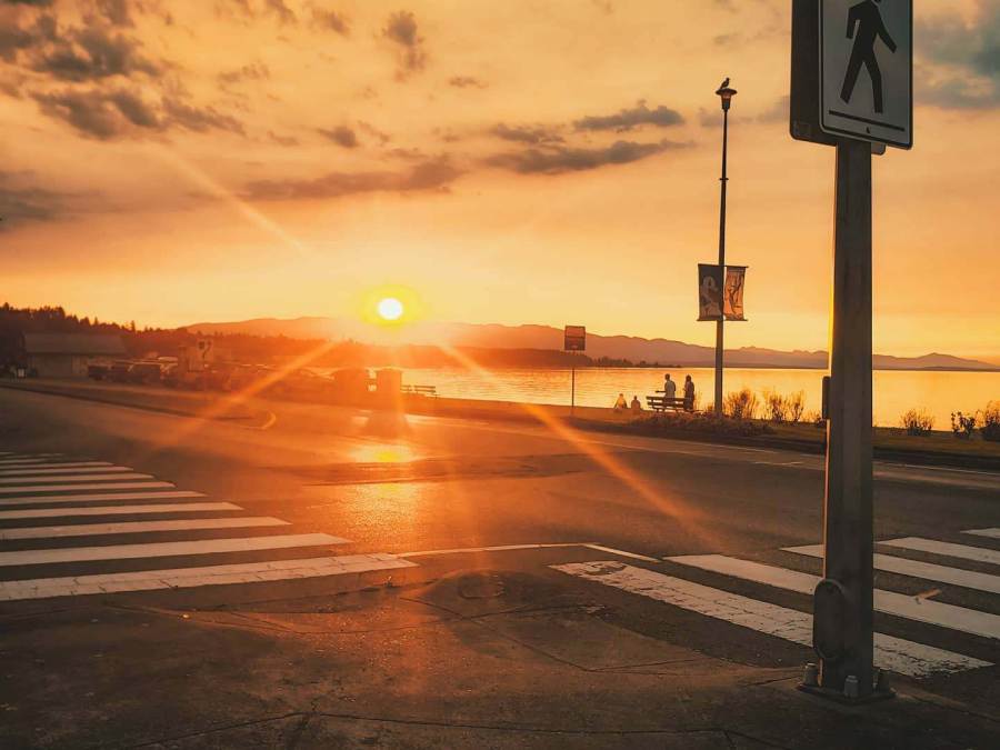Sunset at the crosswalks at Qualicum Beach waterfront