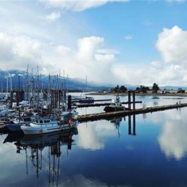 Boats docked at Deep Bay Marina. Large white clouds and blue sky reflect off of the water