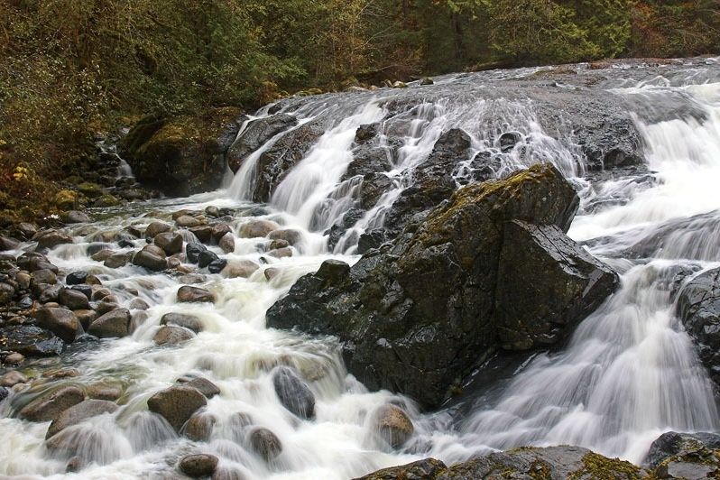 Water cascading down large rocks at Englishman River Falls near Parksville and Qualicum Beach.