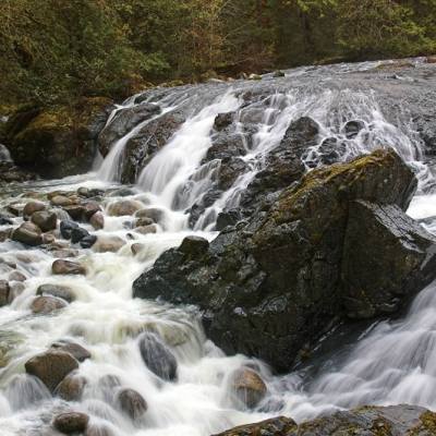Water cascading down large rocks at Englishman River Falls near Parksville and Qualicum Beach.