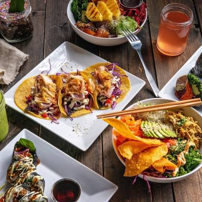 five dishes of food and three beverages from Realm Food Co