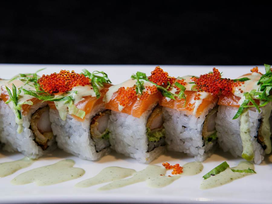 Tobiko-topped sushi rolls are filled with crab and avocado at an eatery in Parksville Qualicum Beach.