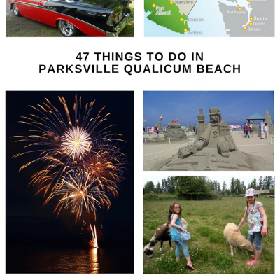 collage of things to do in parksville qualicum beach including an antique car, fireworks, sand statue, and farm animals