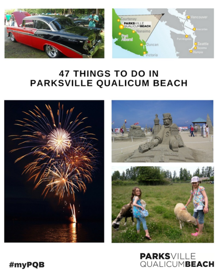 collage of things to do in parksville qualicum beach including an antique car, fireworks, sand statue, and farm animals