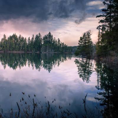Spider lake Provincial Park on Vancouver island lake with trees reflecting off water near Parksville Qualicum Beach